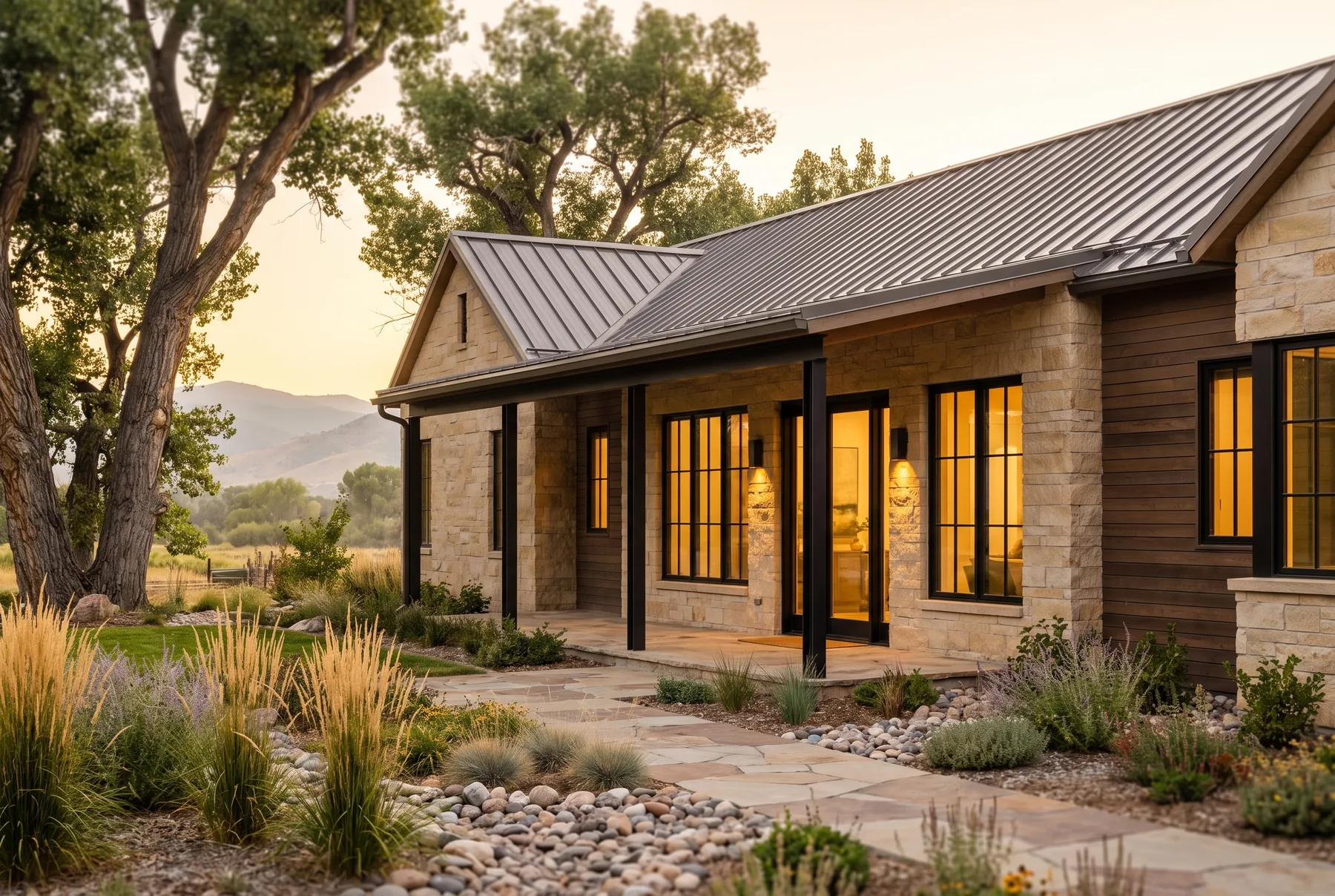 Single-story stone and timber ranch home with a covered porch and flagstone path at golden hour