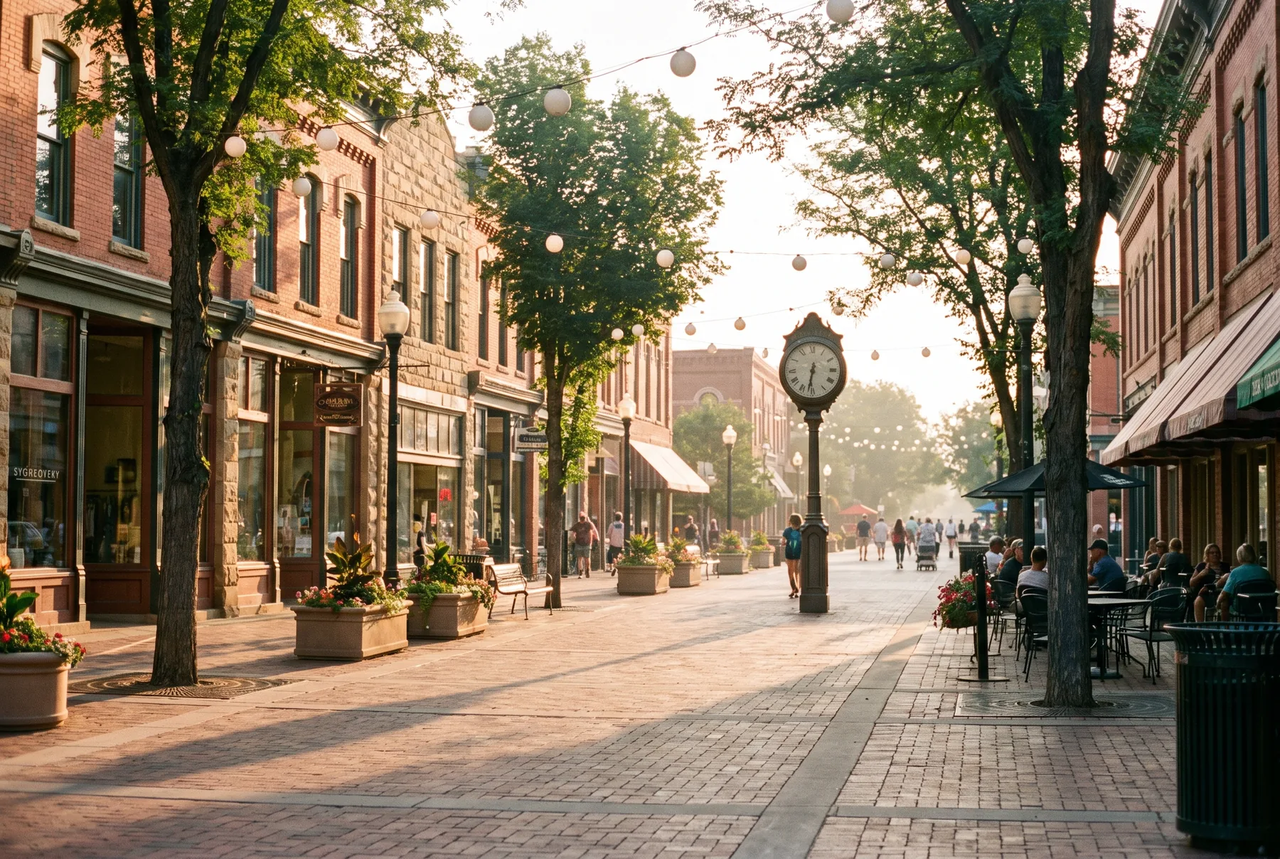 Brick storefronts and street trees along Old Town Fort Collins