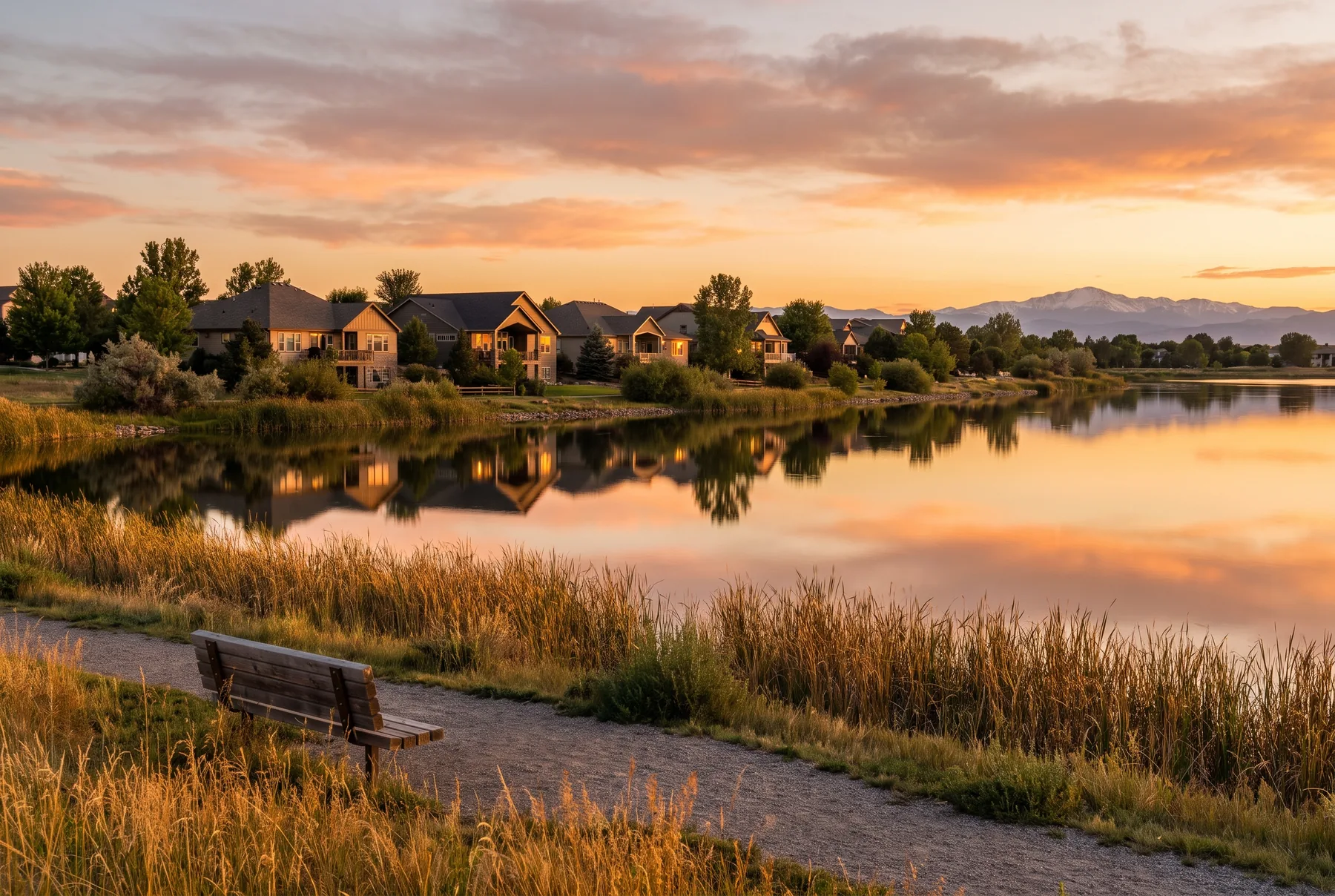 Sunset over Windsor Lake with the shoreline path in the foreground