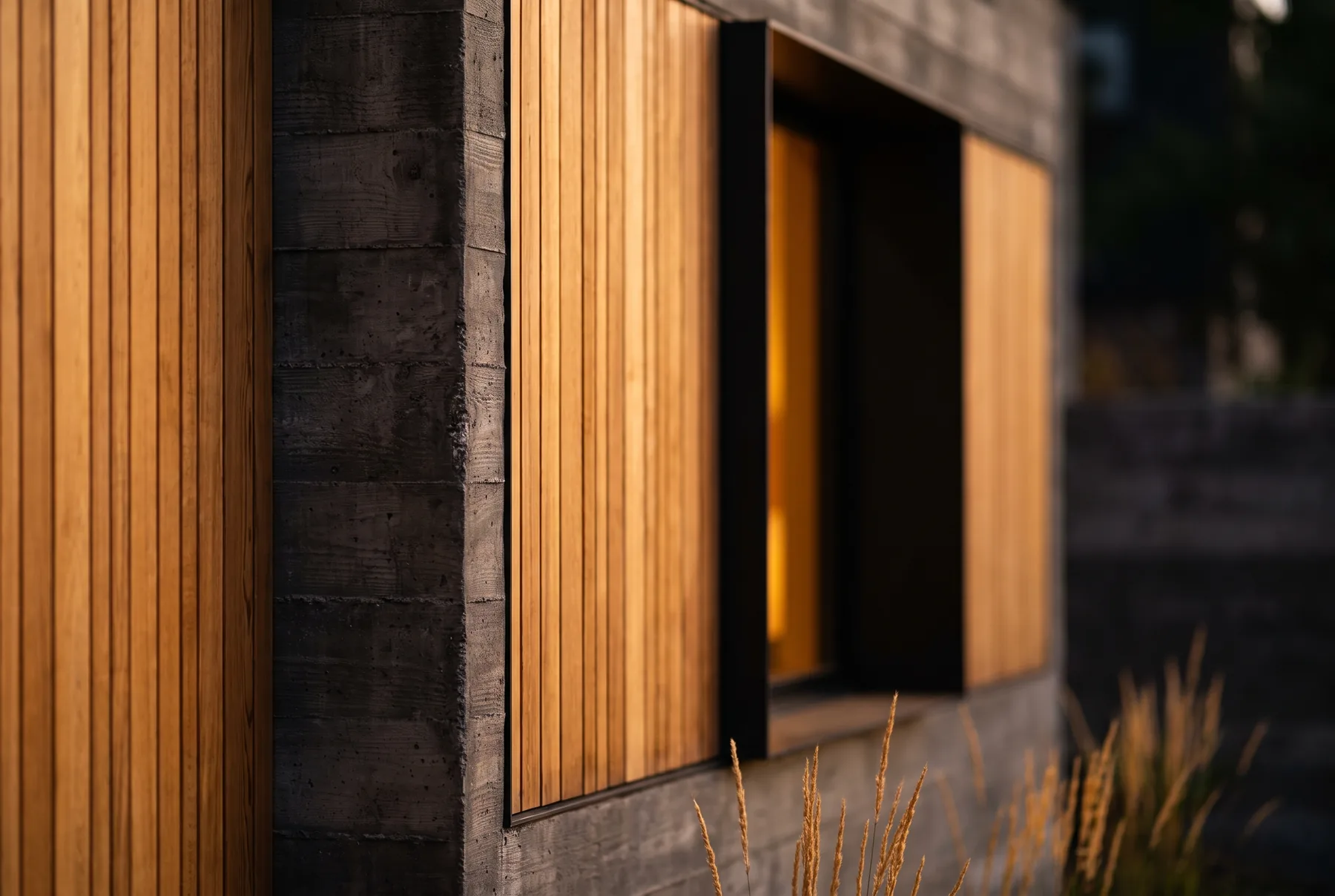Close view of a home exterior showing stone, timber and metal detailing