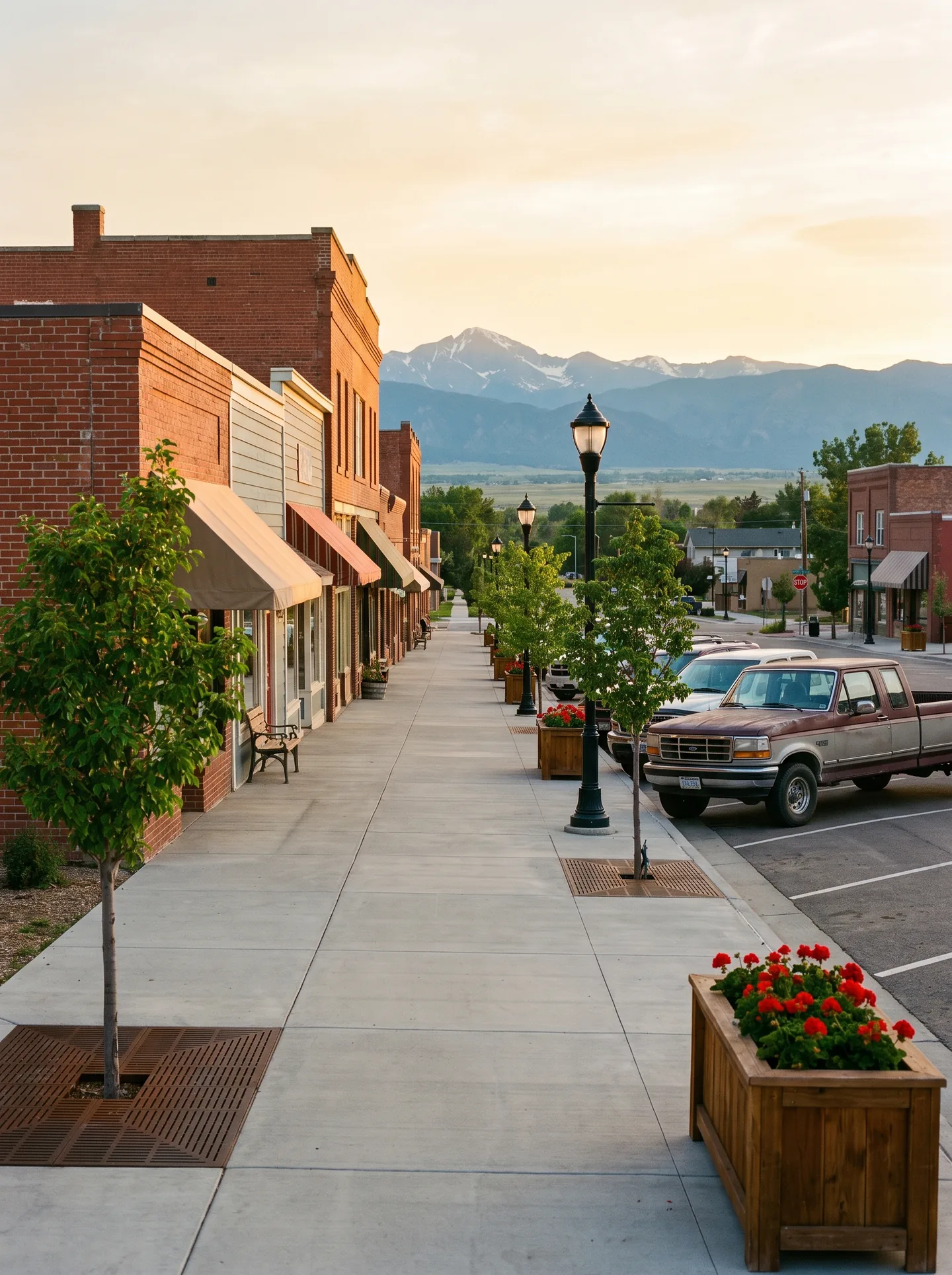 Historic brick storefronts along Briggs Street in downtown Erie, Colorado, looking west toward Longs Peak at sunset