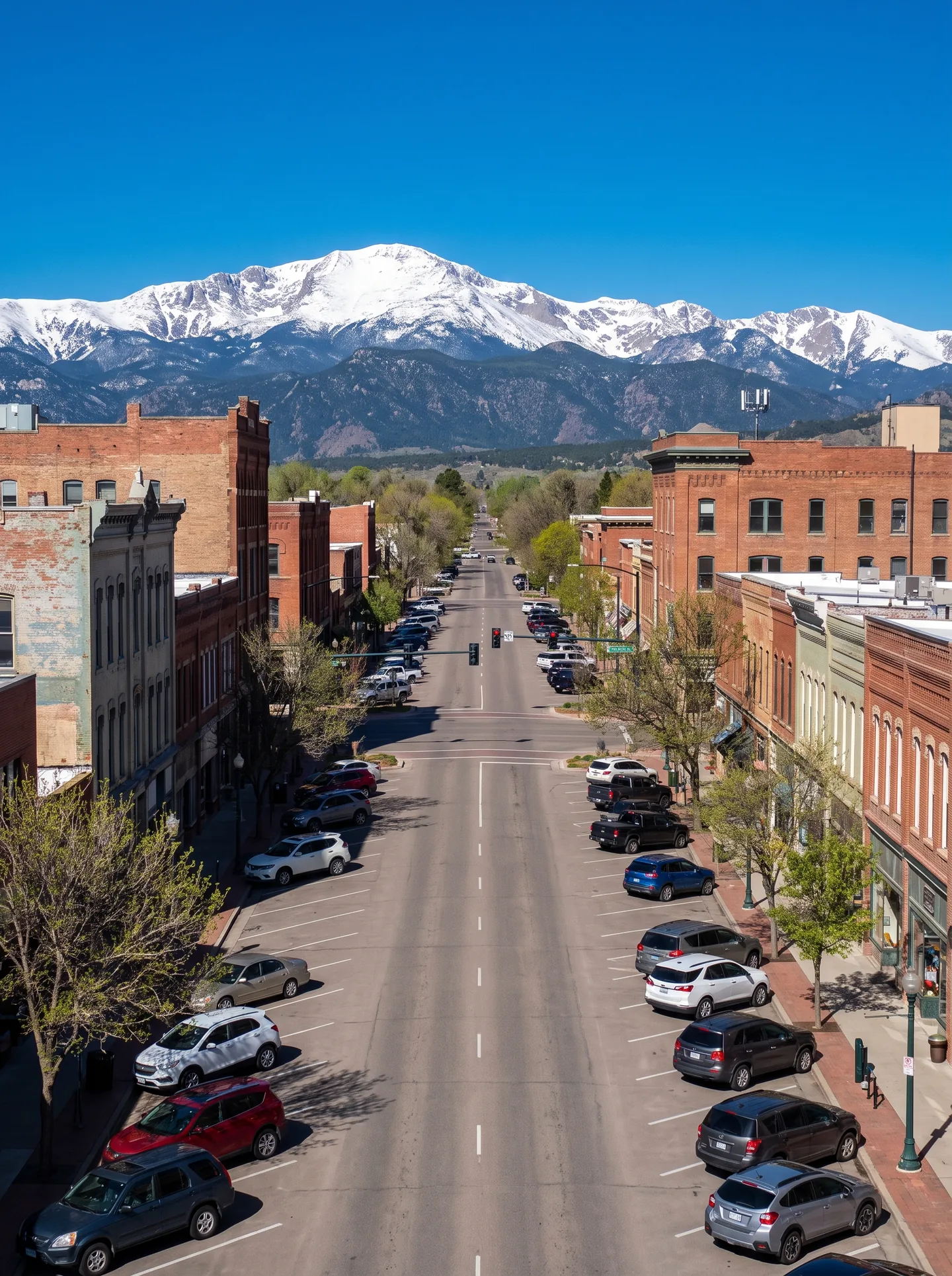 Longmont's wide Main Street lined with historic brick buildings, with the snow-covered summit of Longs Peak filling the western horizon