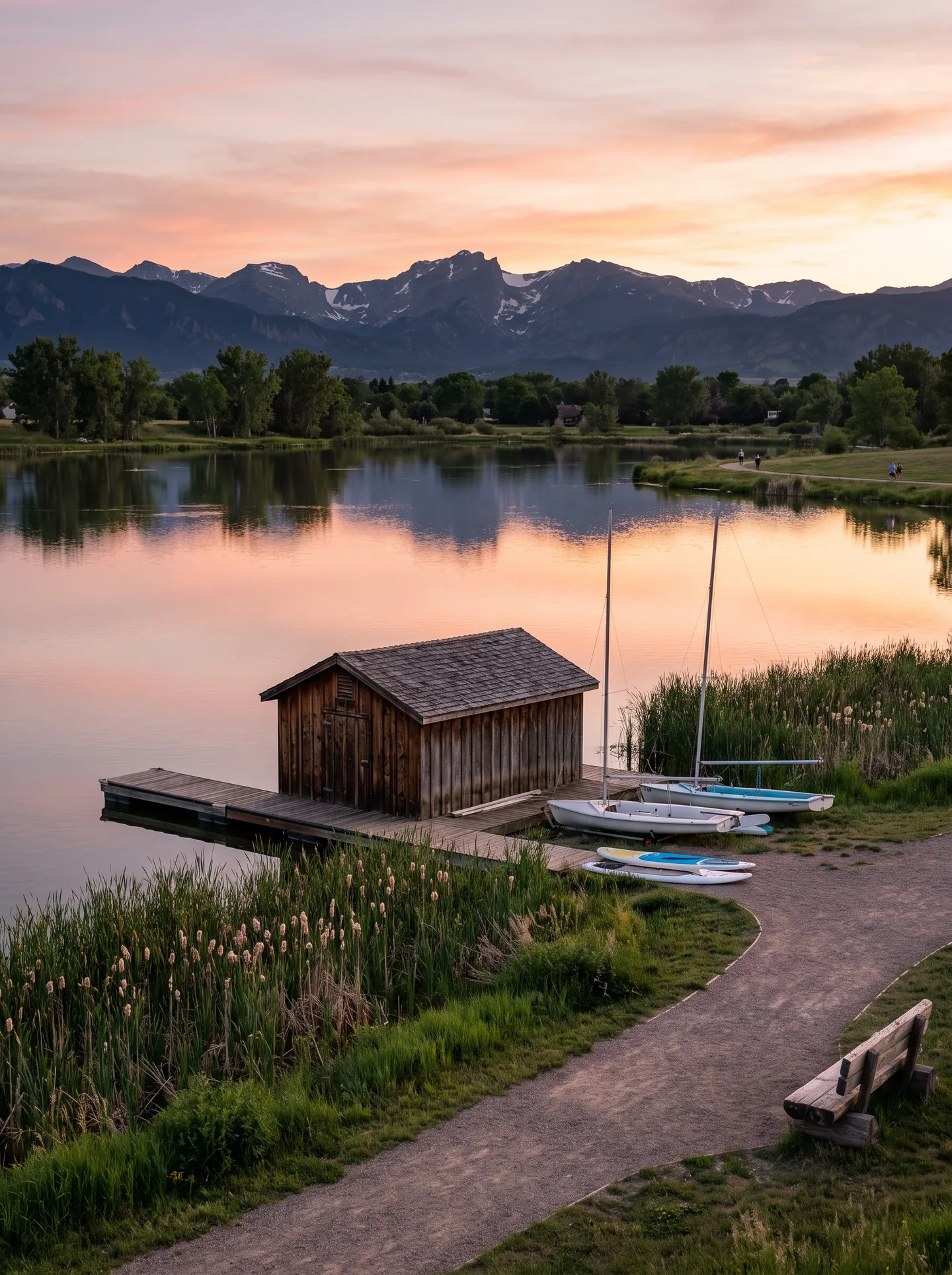 The wooden boathouse and sailboats at Waneka Lake Park in Lafayette, Colorado, with the Indian Peaks beyond at dusk
