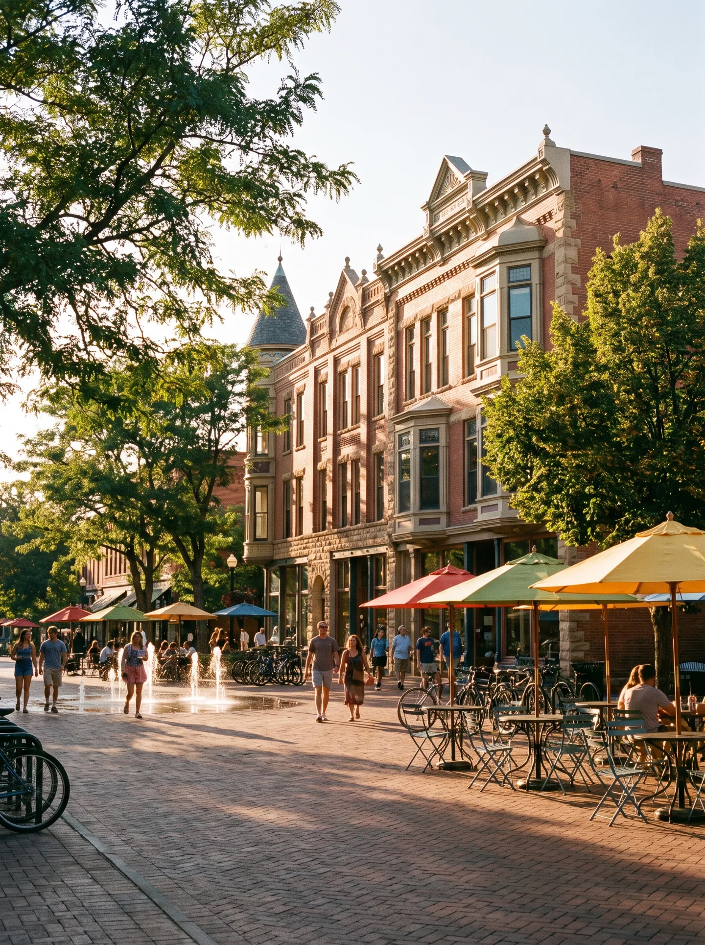 Victorian brick buildings, cafe umbrellas and the fountain in Old Town Square, Fort Collins, on a summer afternoon