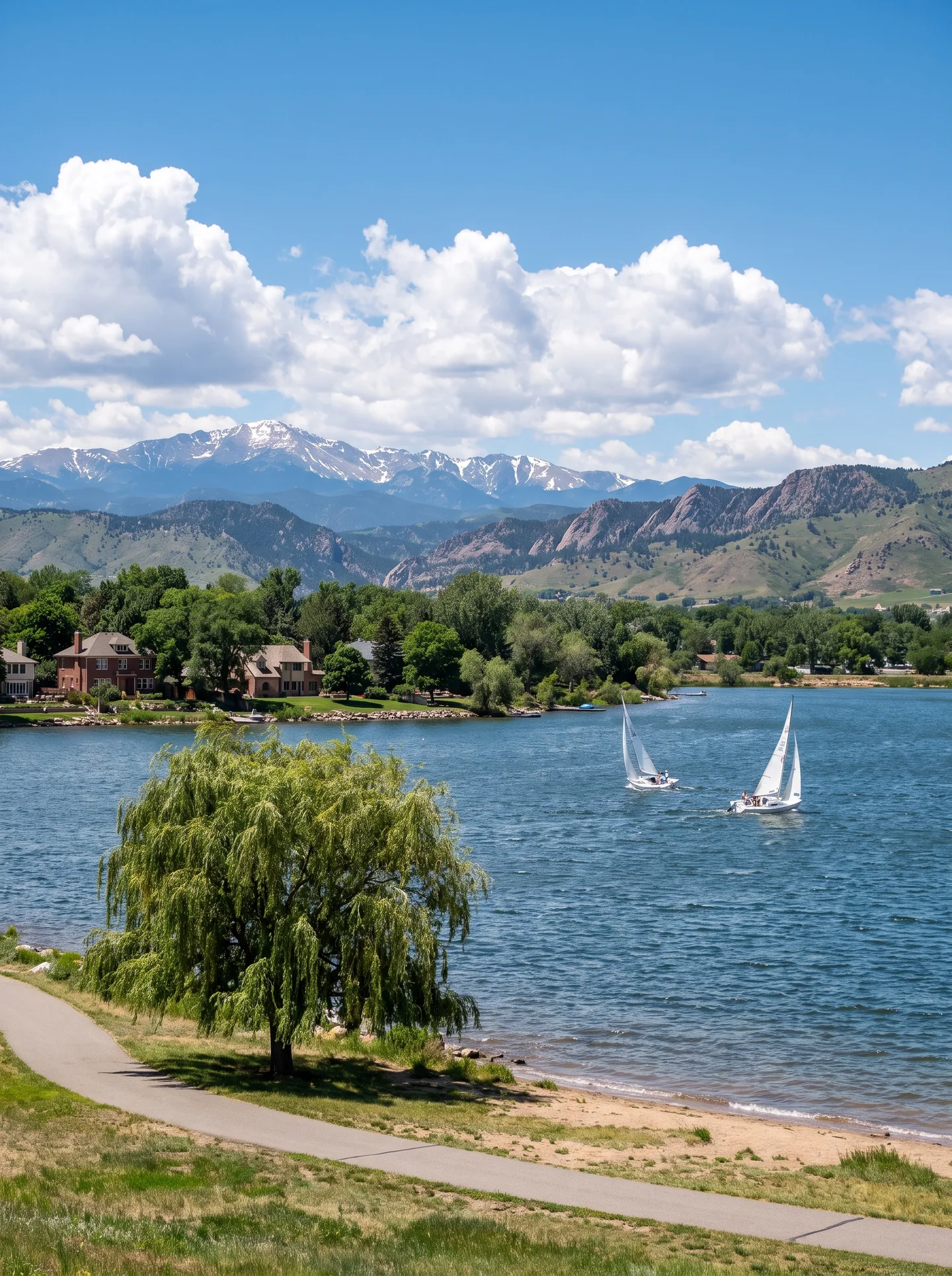 Sailboats on Lake Loveland with the Devil's Backbone hogbacks and snow-dusted peaks rising behind the far shore